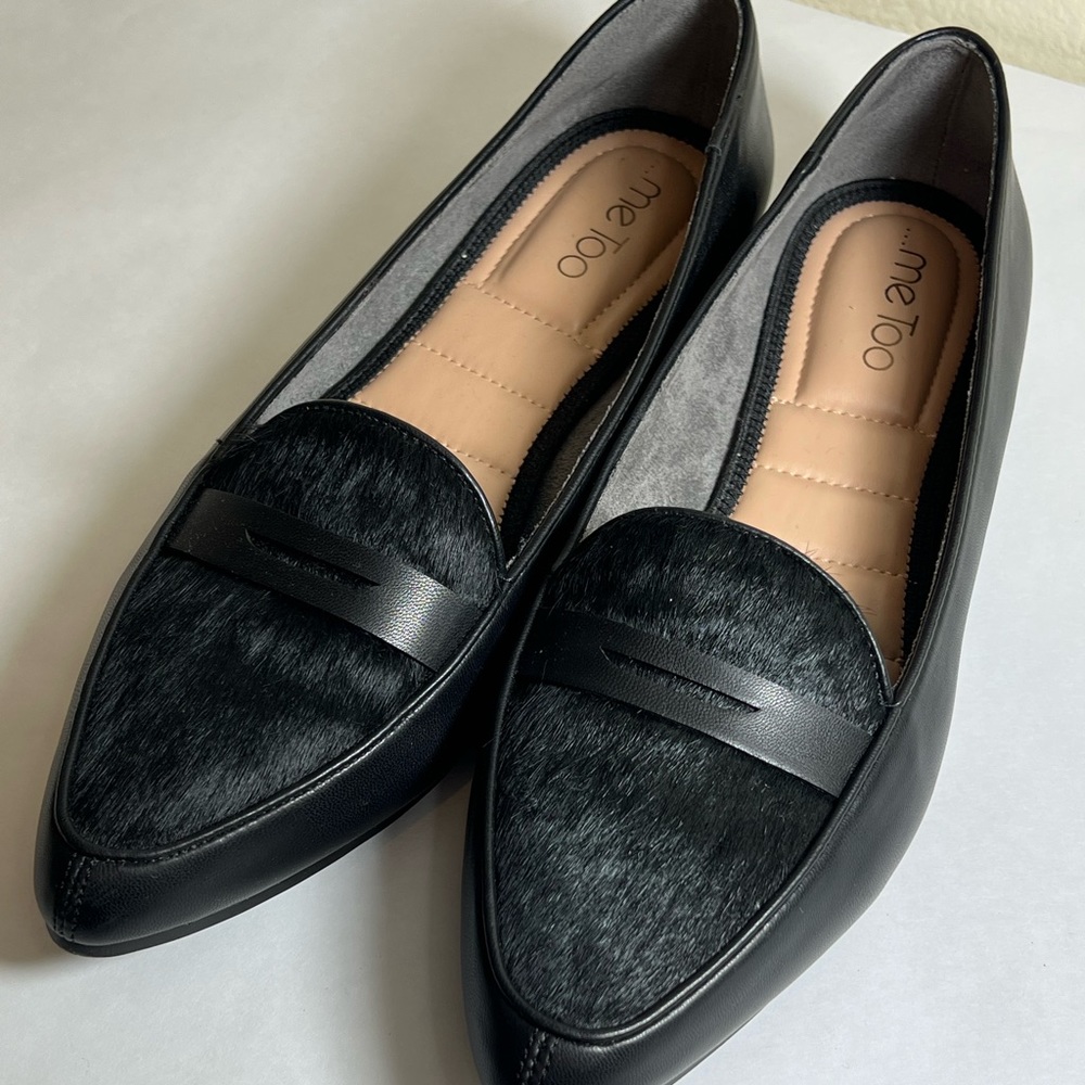 Me Too Size 10 Black leather flat with fur/hair